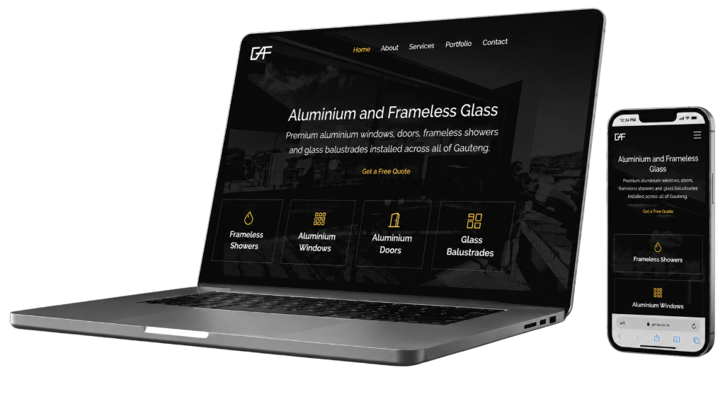 General Aluminium & Frameless website shown on laptop and phone